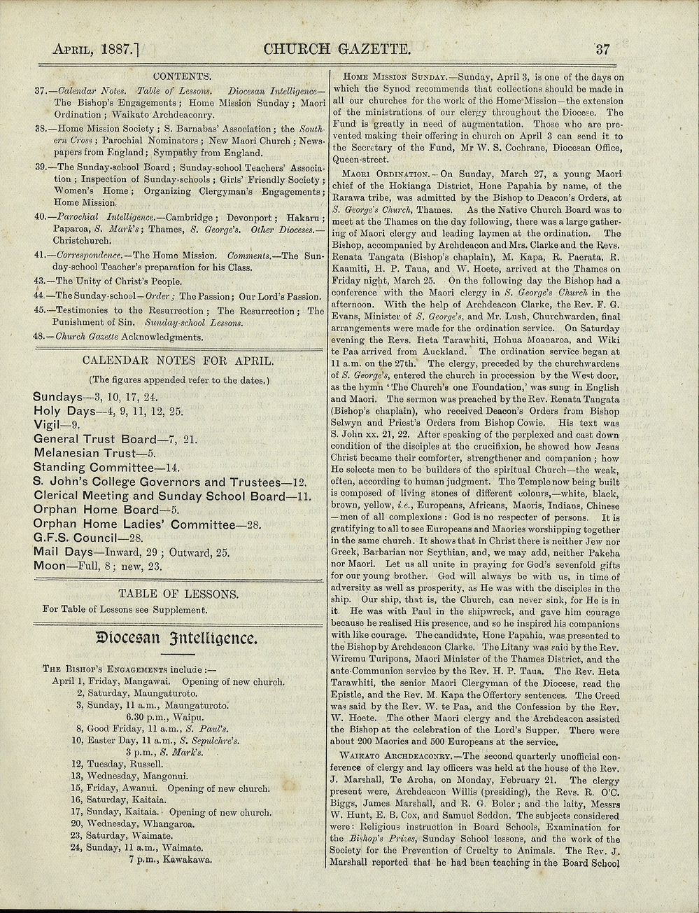 Church Gazette, Auckland: April 1887