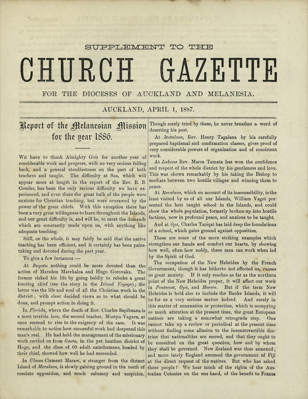 Church Gazette, Auckland: April 1887 Supplement