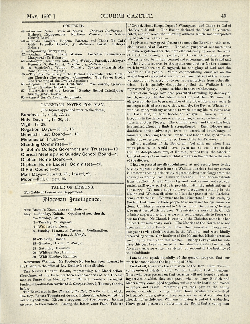 Church Gazette, Auckland: May 1887