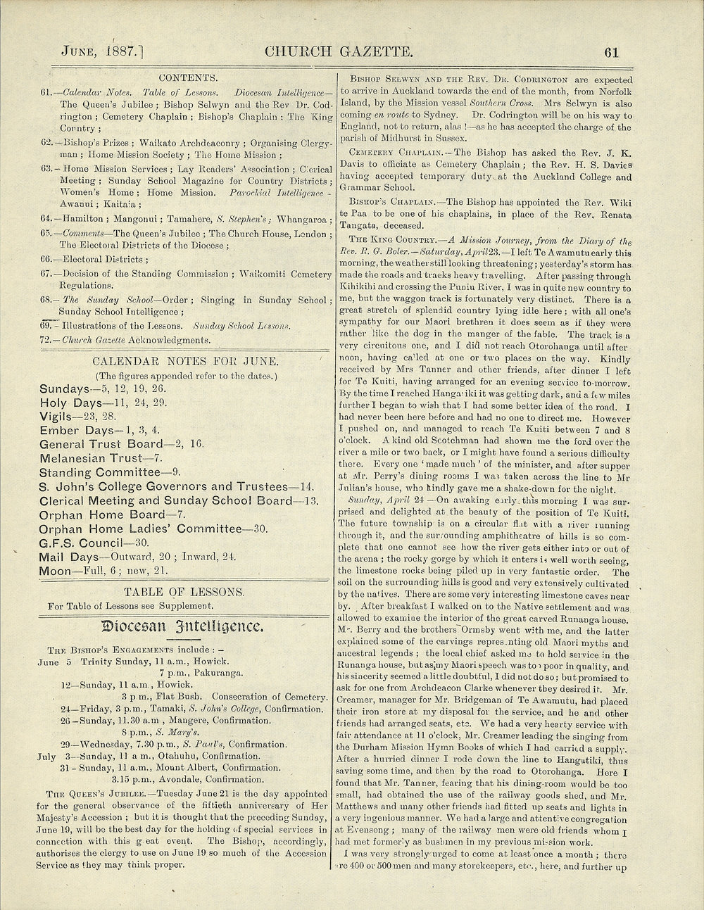 Church Gazette, Auckland: June 1887