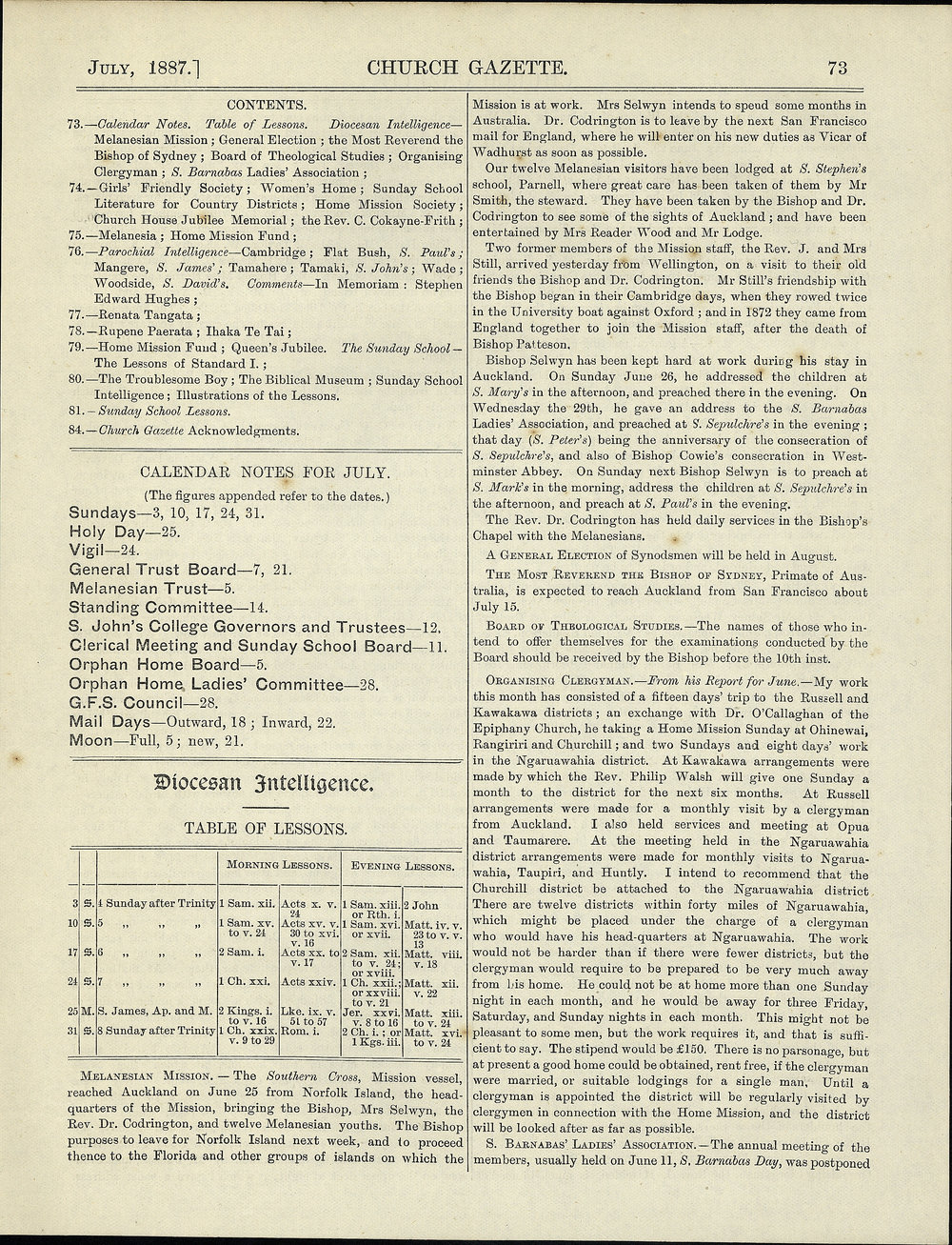 Church Gazette, Auckland: July 1887