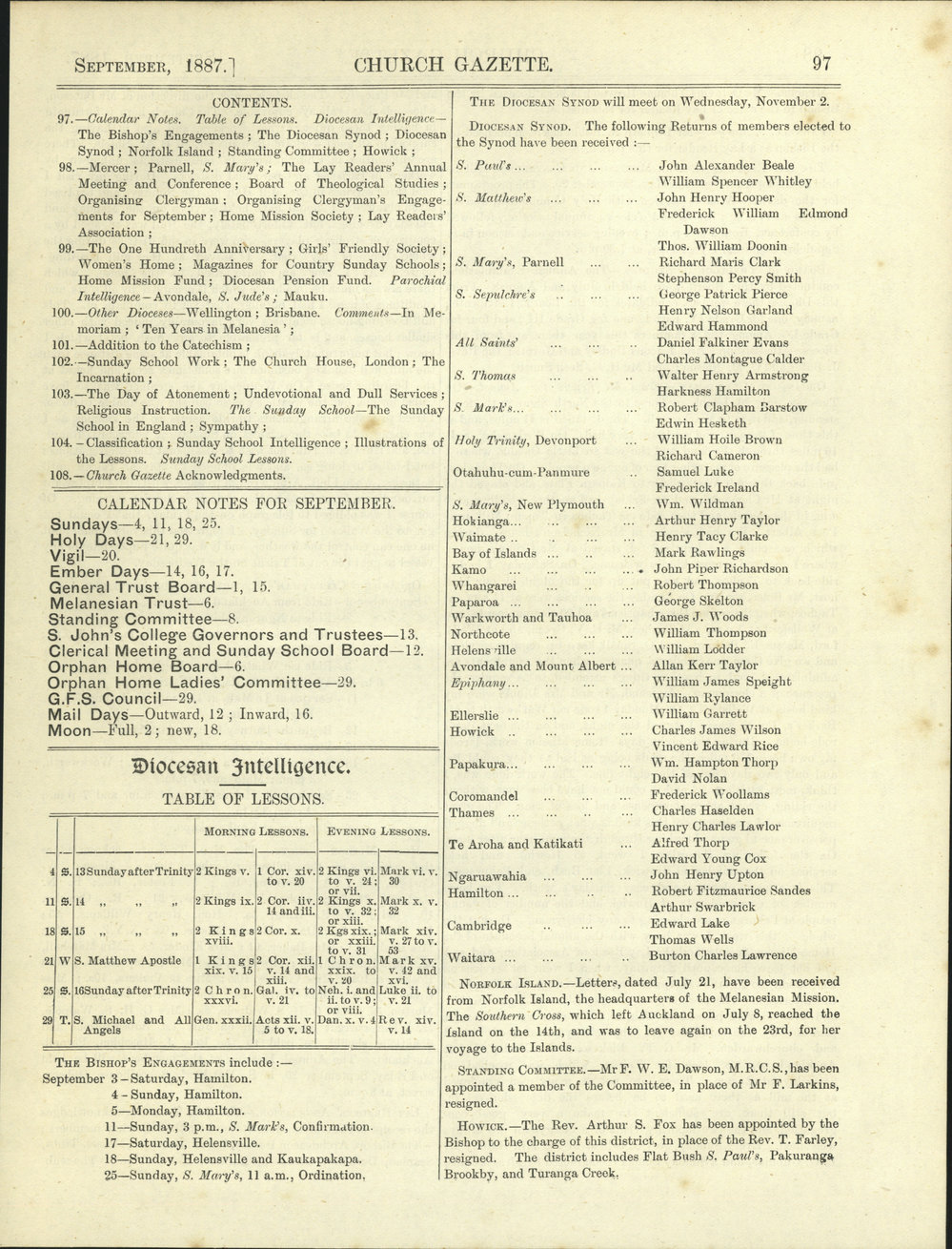 Church Gazette, Auckland: September 1887