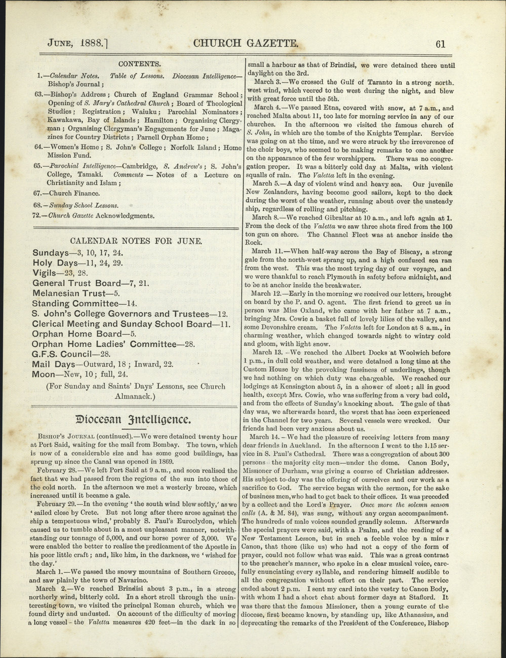 Church Gazette, Auckland: June 1888