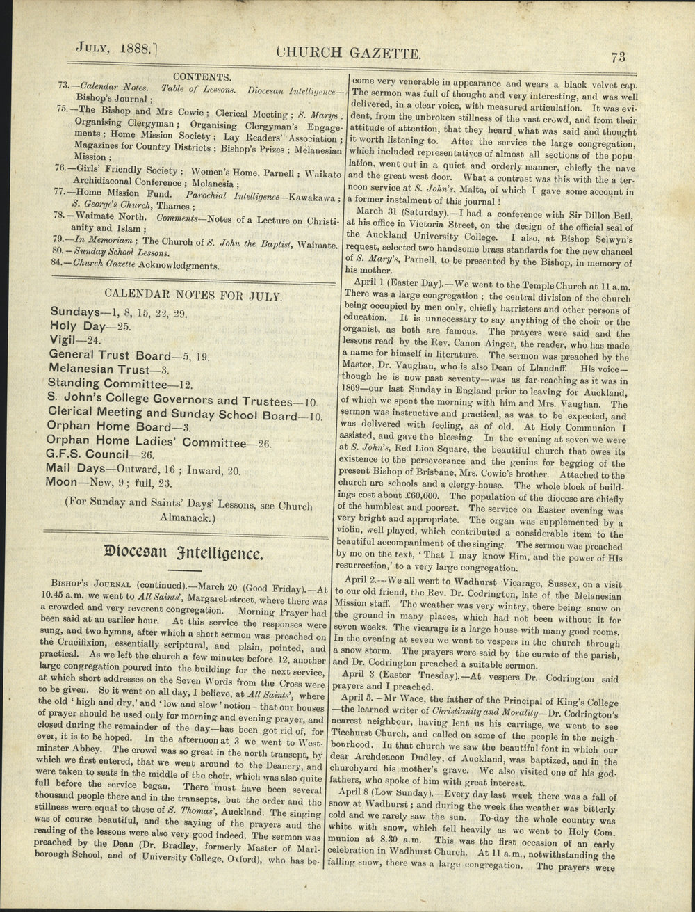 Church Gazette, Auckland: July 1888