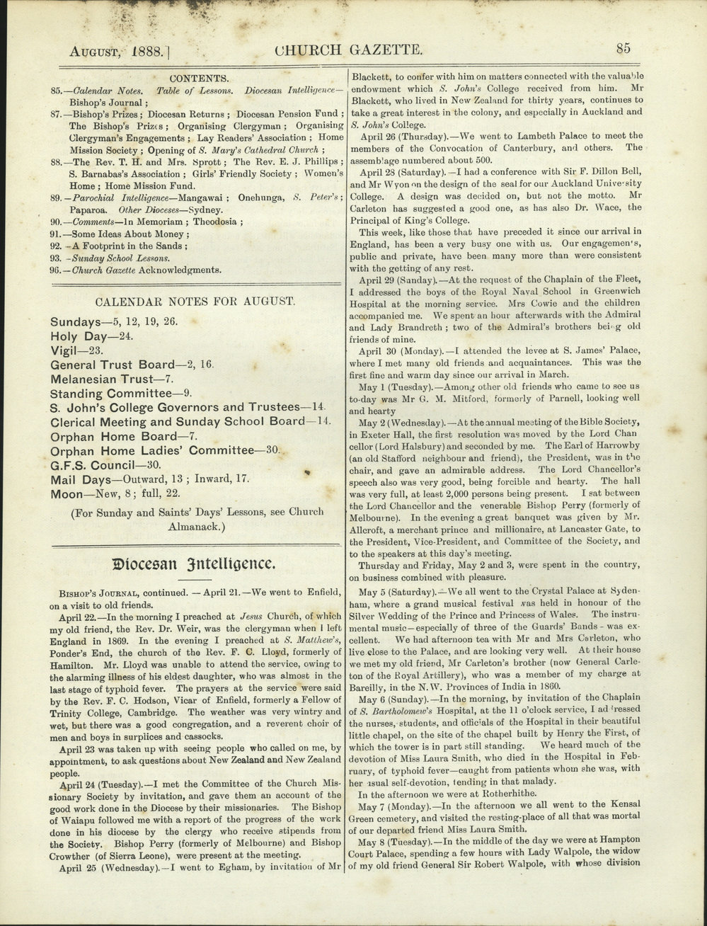 Church Gazette, Auckland: August 1888