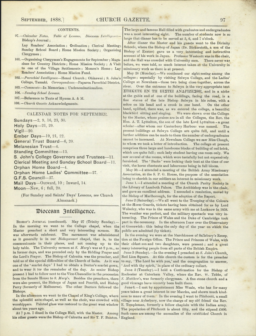 Church Gazette, Auckland: September 1888