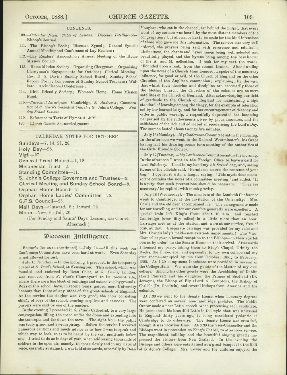 Church Gazette, Auckland: October 1888