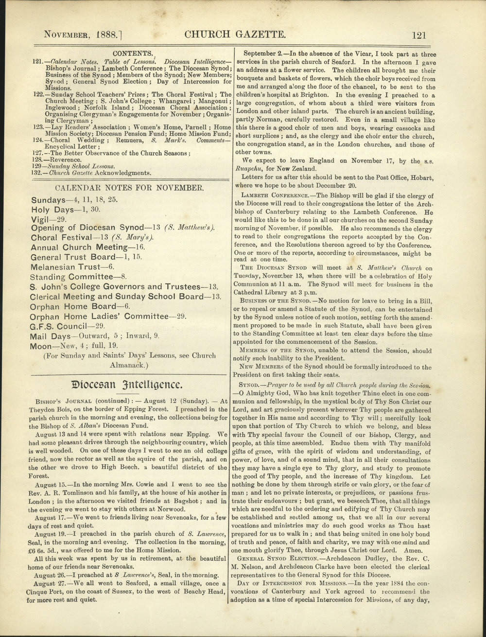 Church Gazette, Auckland: November 1888