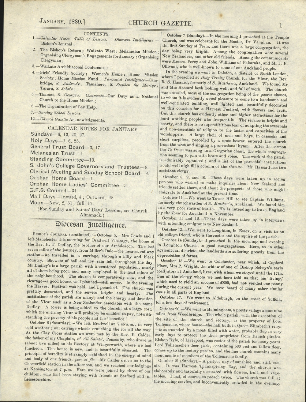 Church Gazette, Auckland: January 1889