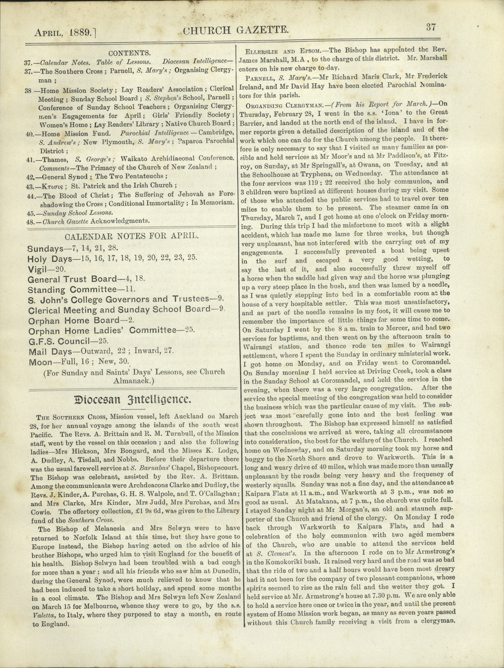 Church Gazette, Auckland: April 1889