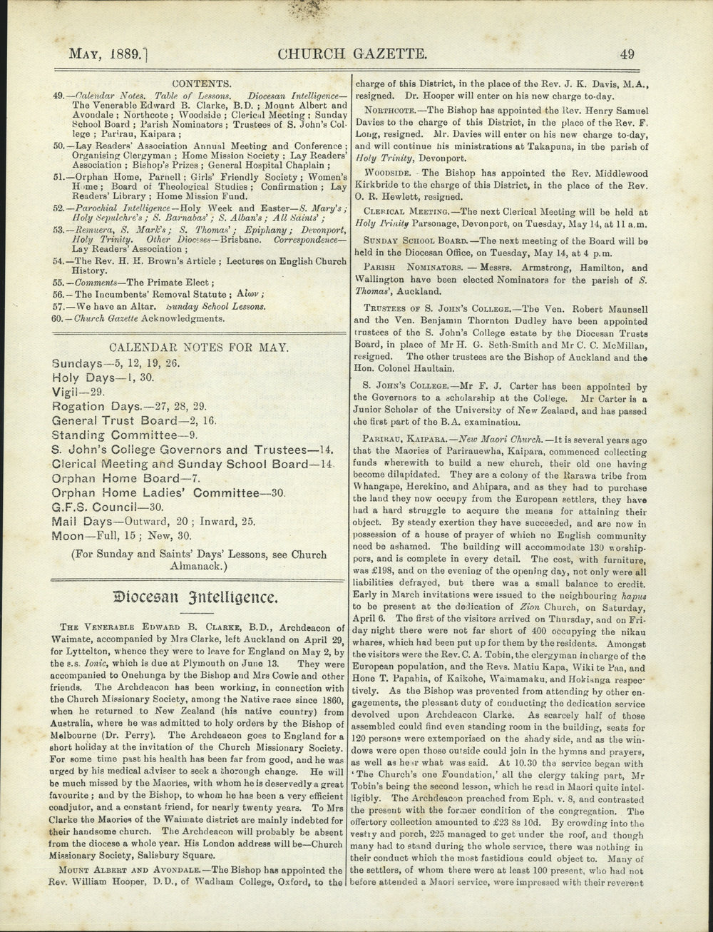 Church Gazette, Auckland: May 1889
