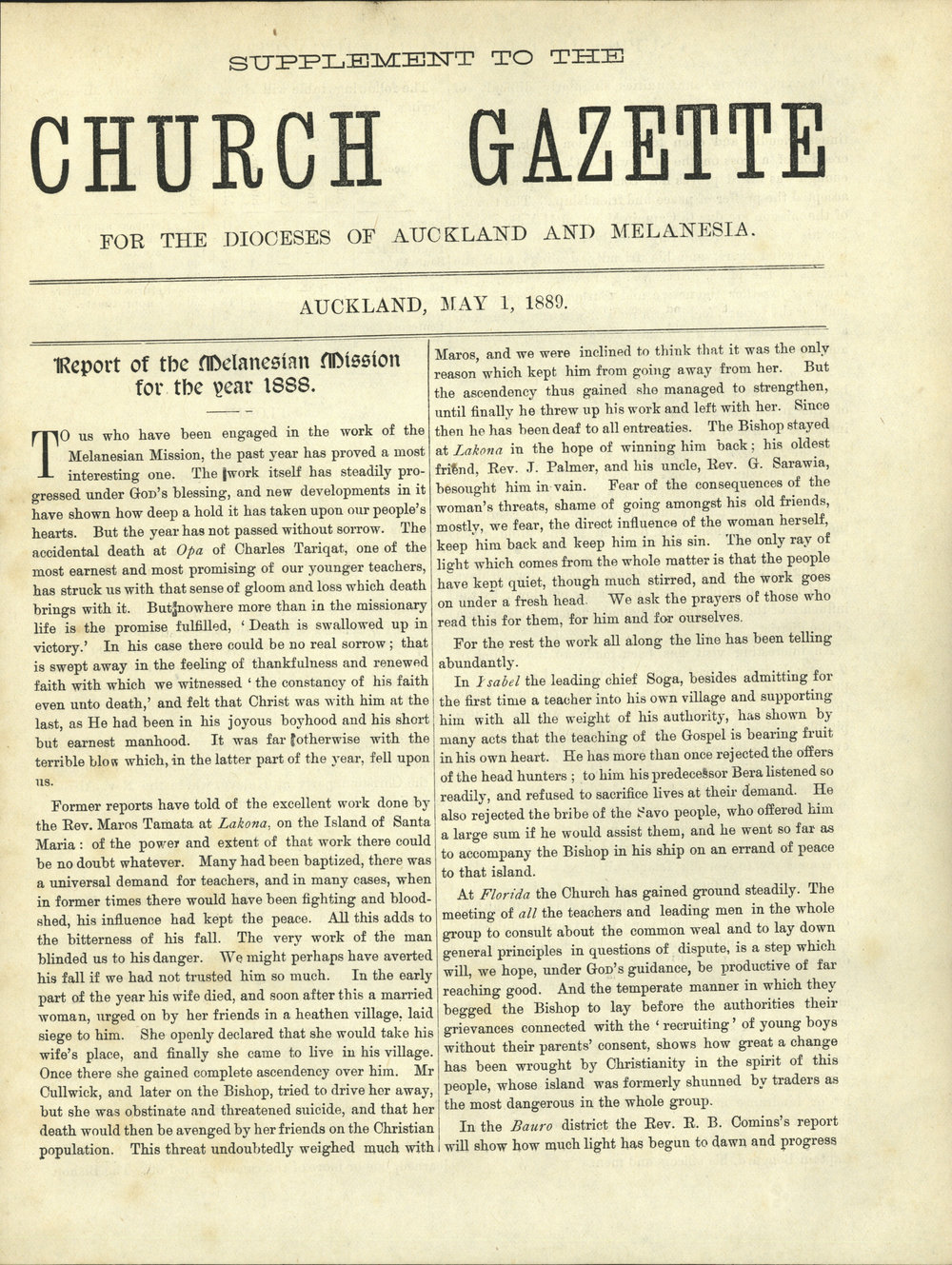 Church Gazette, Auckland: May 1889 Supplement