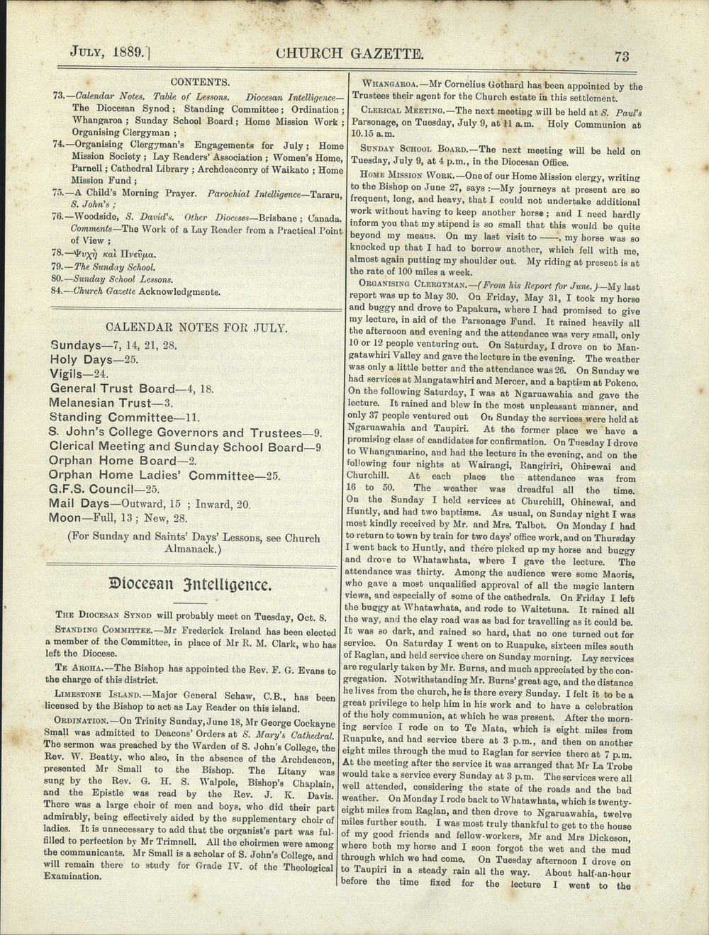 Church Gazette, Auckland: July 1889