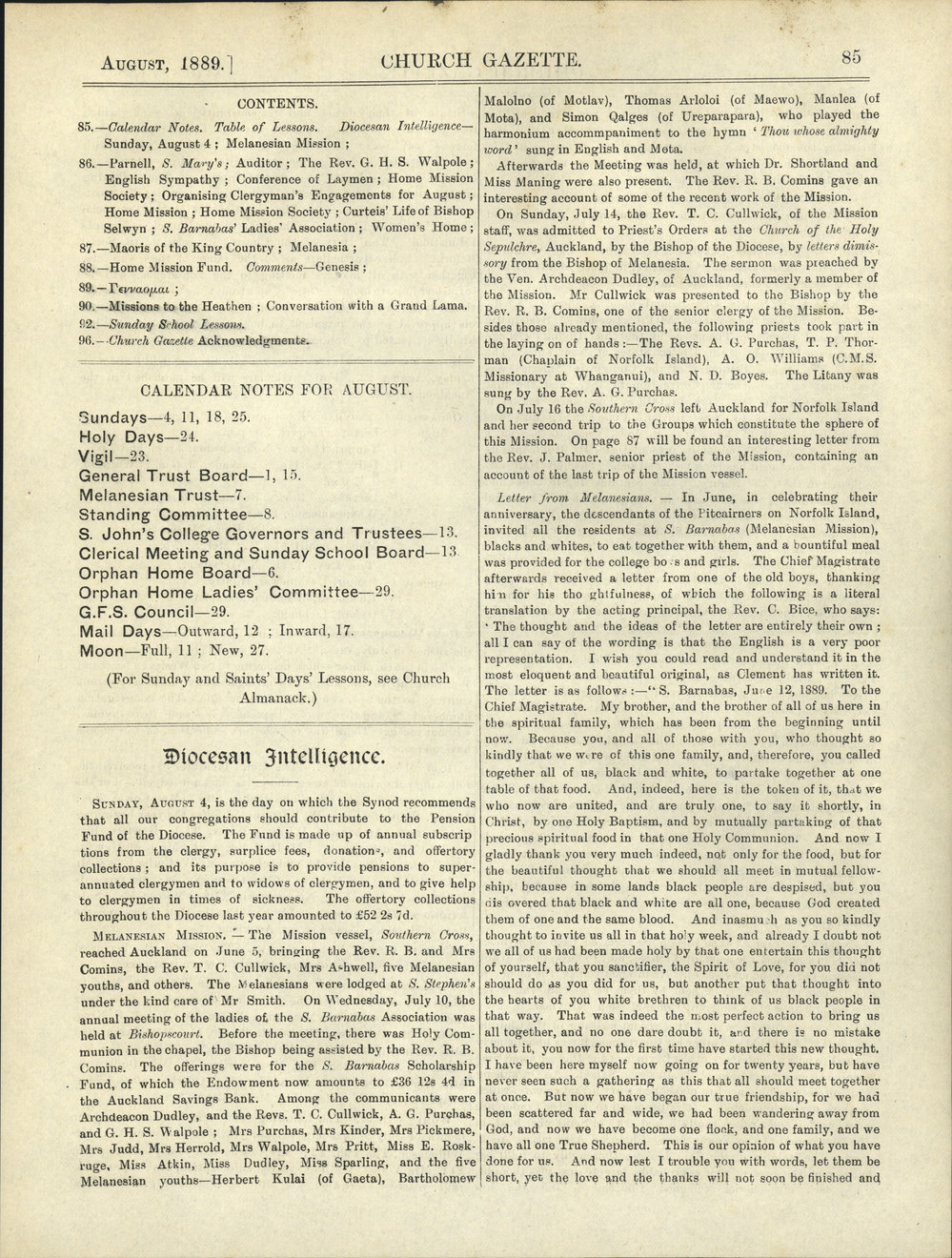 Church Gazette, Auckland: August 1889