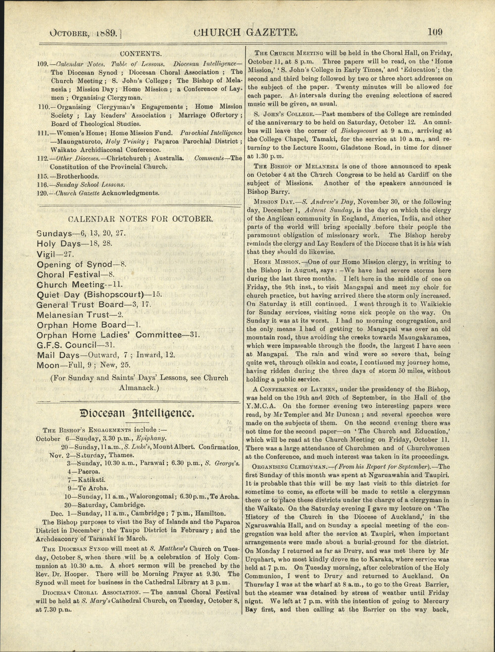 Church Gazette, Auckland: October 1889