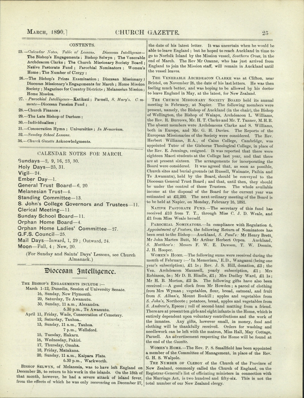 Church Gazette, Auckland: March 1890