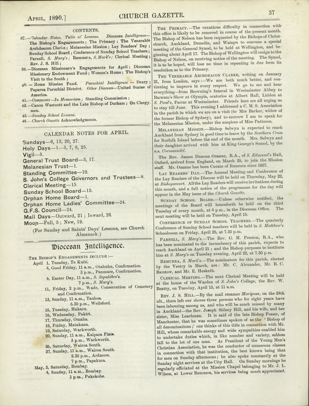 Church Gazette, Auckland: April 1890