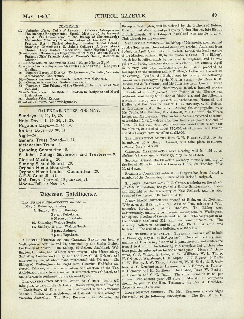 Church Gazette, Auckland: May 1890