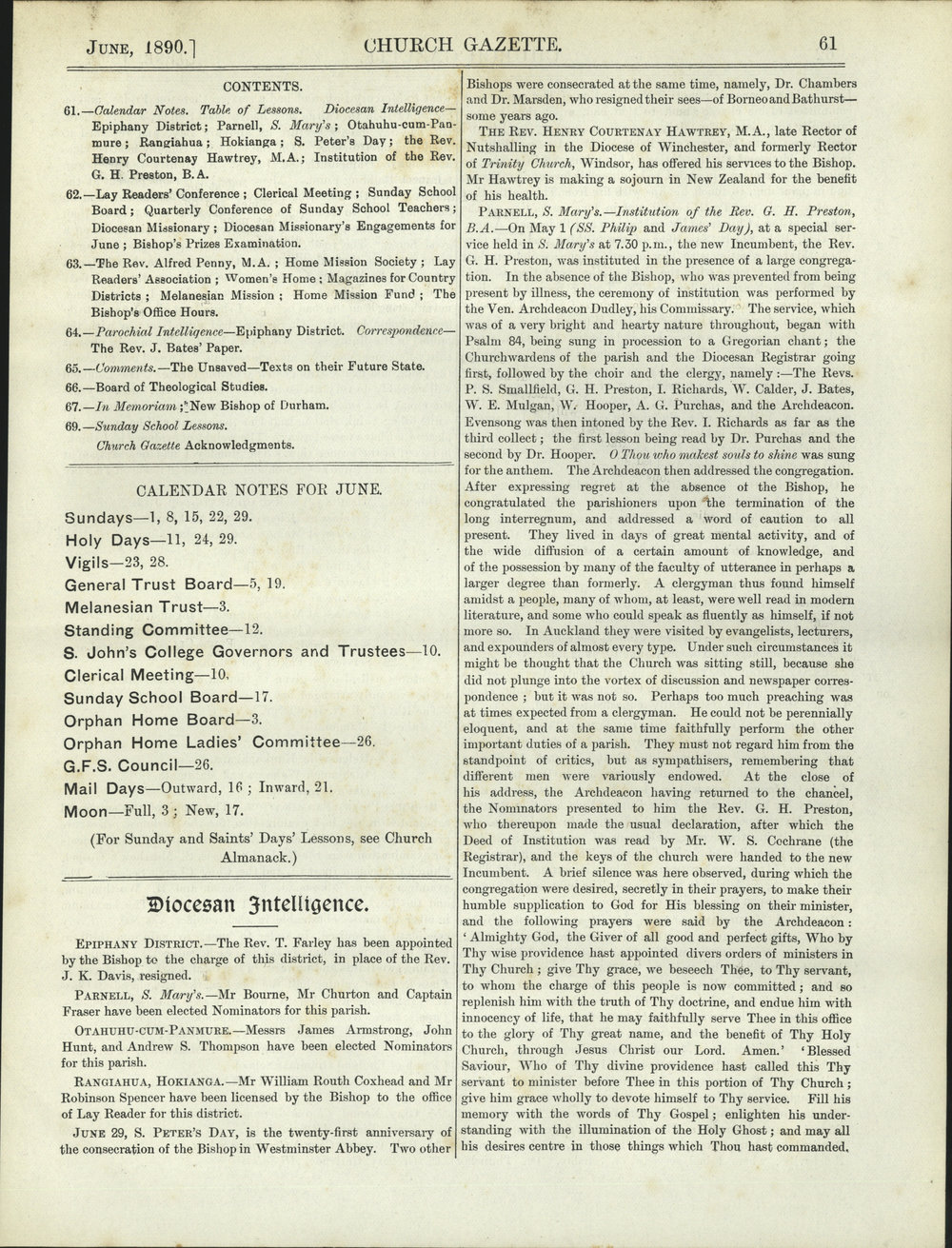 Church Gazette, Auckland: June 1890