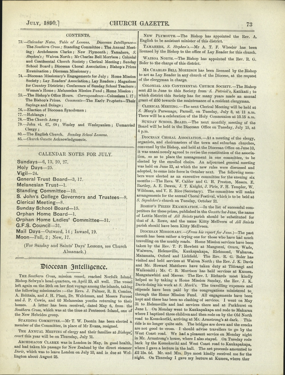 Church Gazette, Auckland: July 1890
