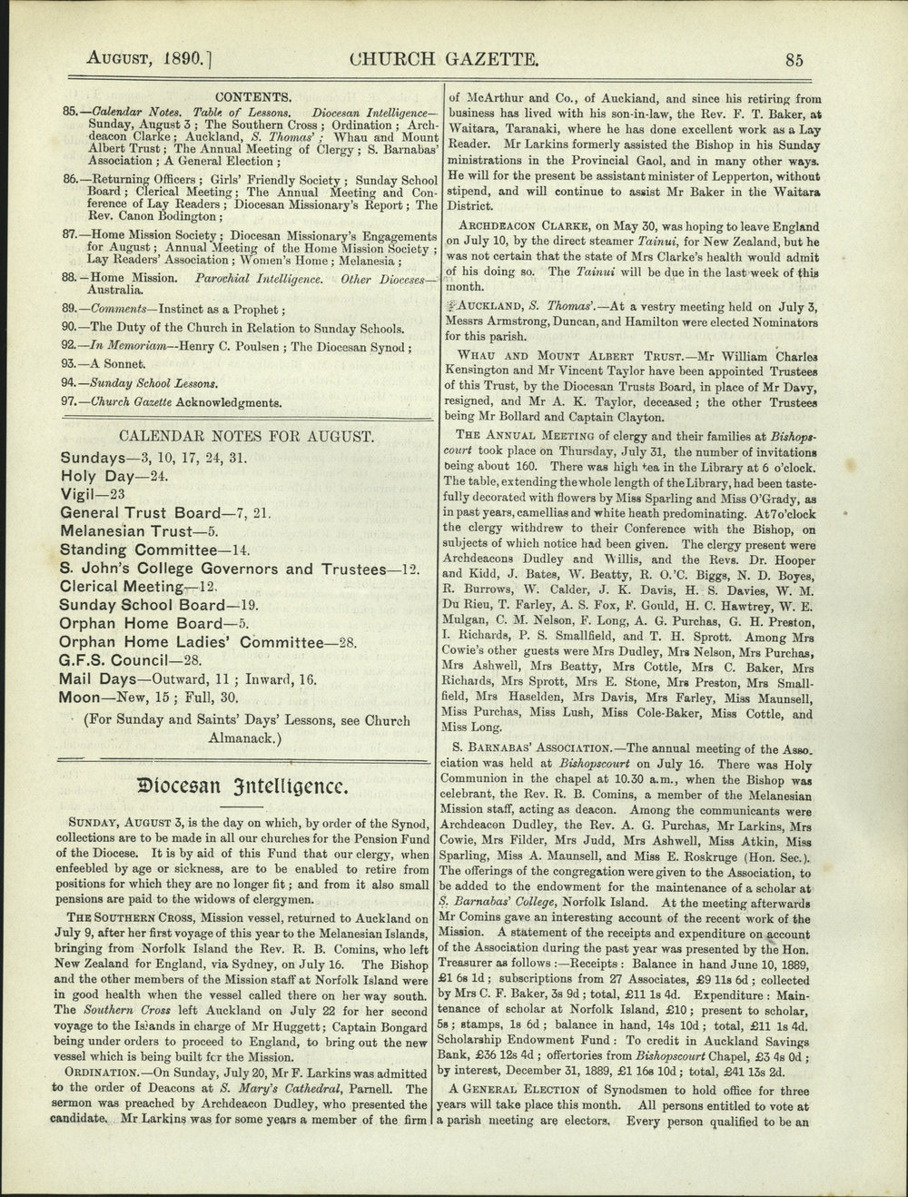 Church Gazette, Auckland: August 1890