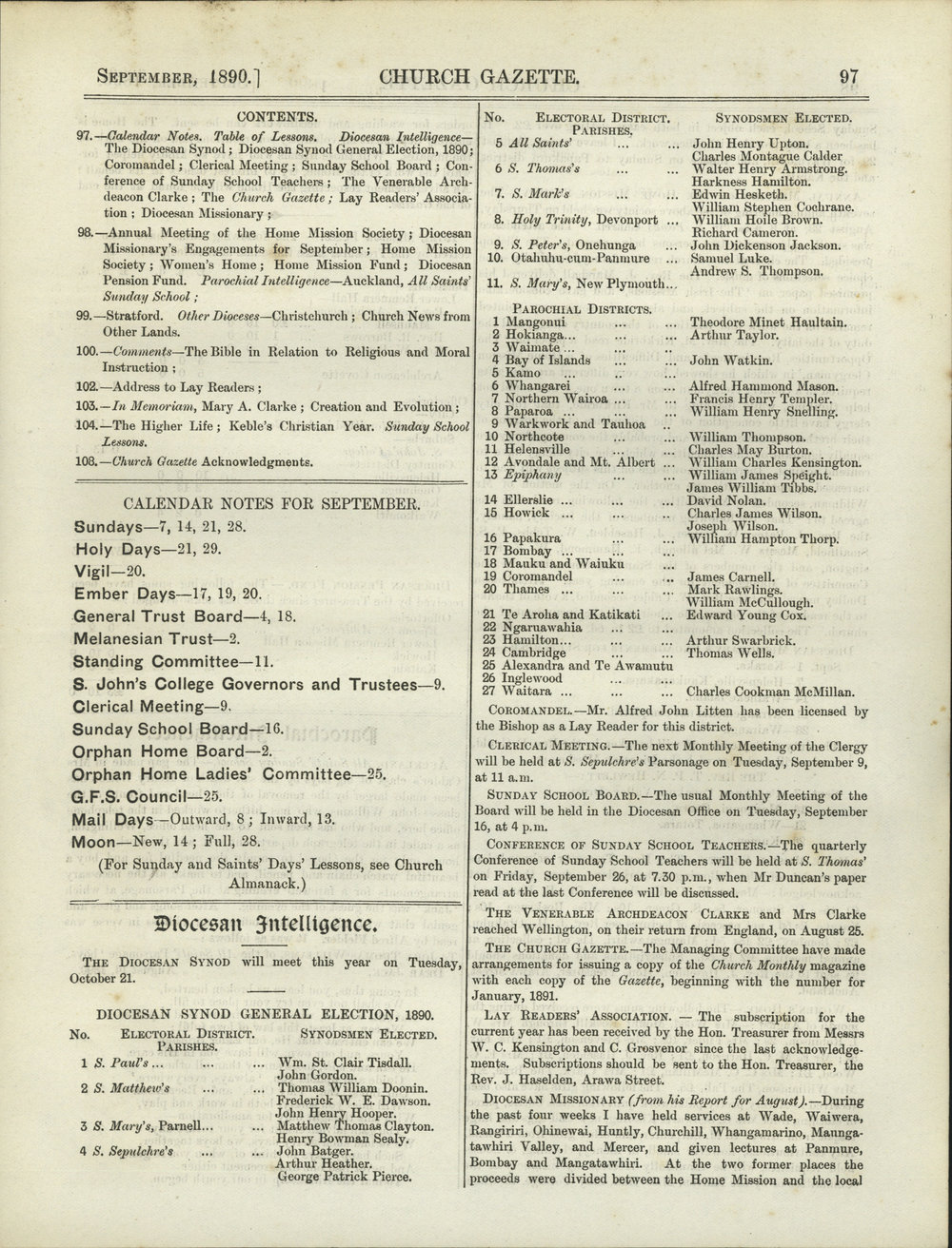 Church Gazette, Auckland: September 1890