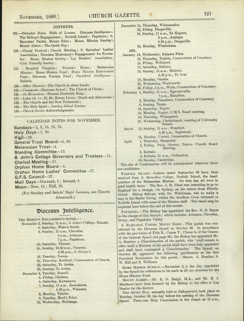 Church Gazette, Auckland: November 1890