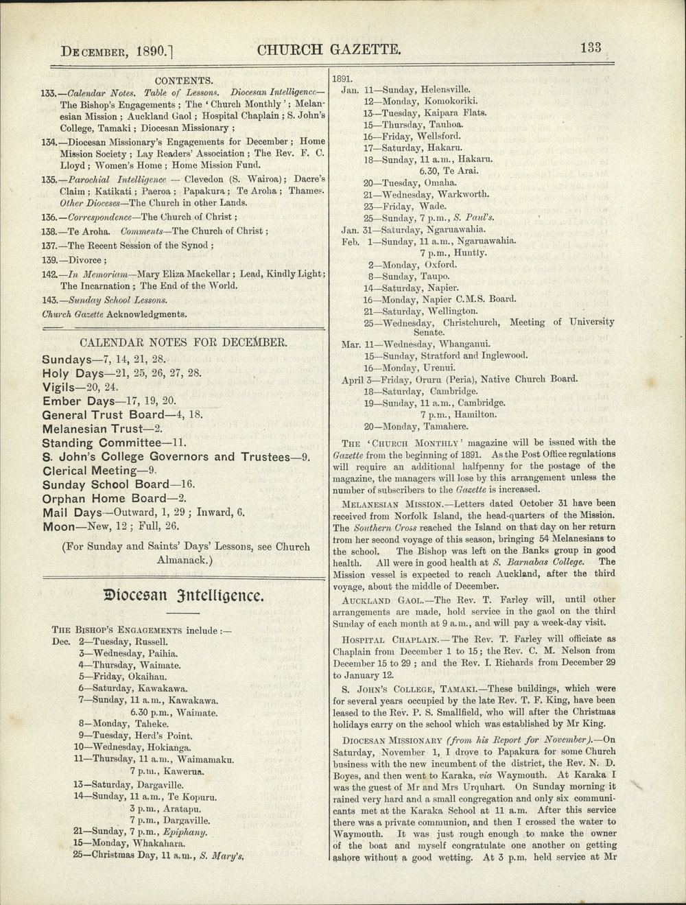 Church Gazette, Auckland: December 1890