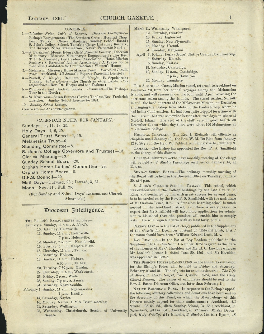 Church Gazette, Auckland: January 1891