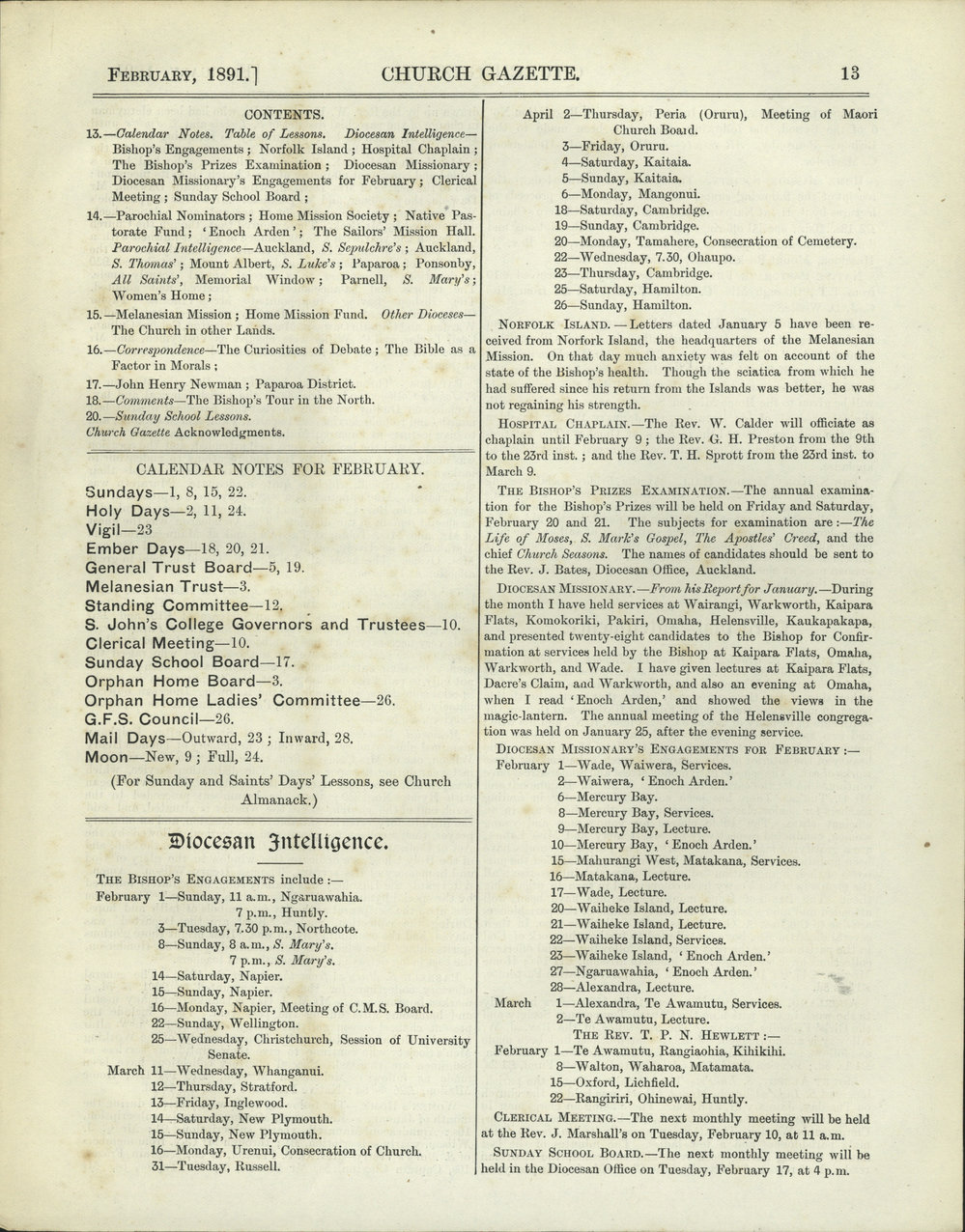 Church Gazette, Auckland: February 1891