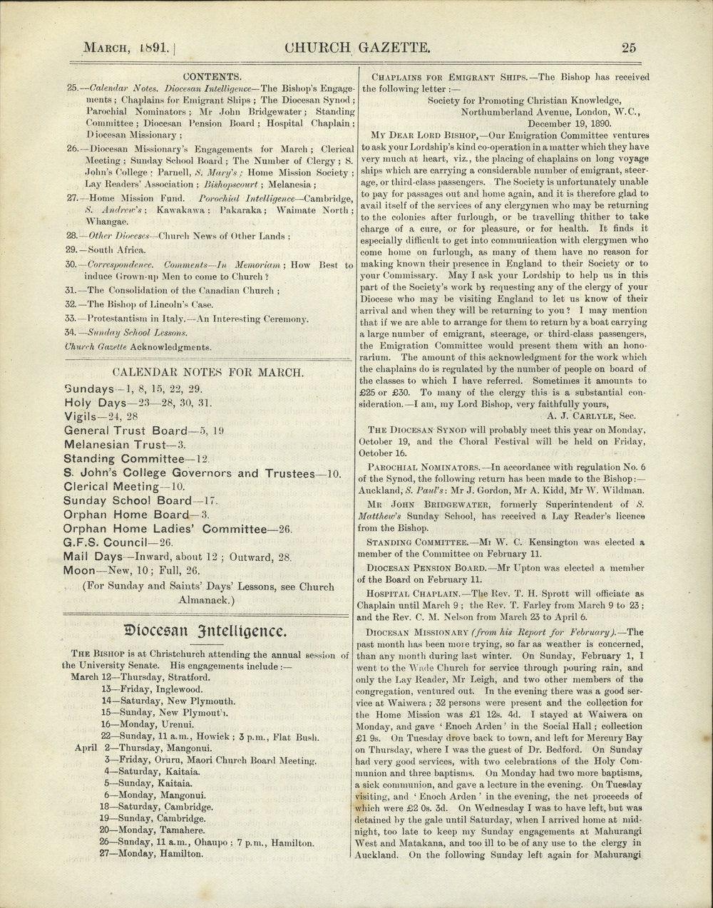 Church Gazette, Auckland: March 1891