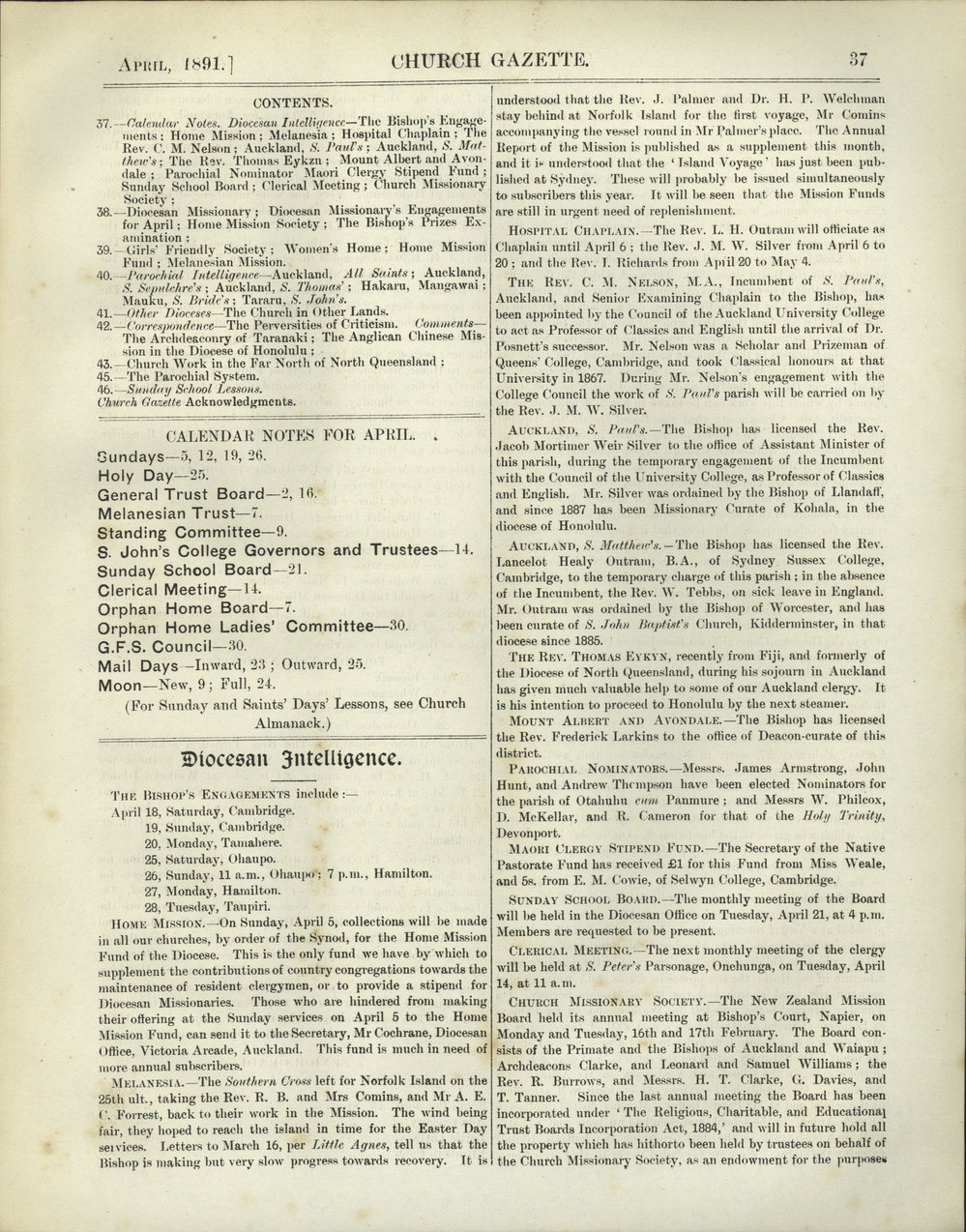 Church Gazette, Auckland: April 1891