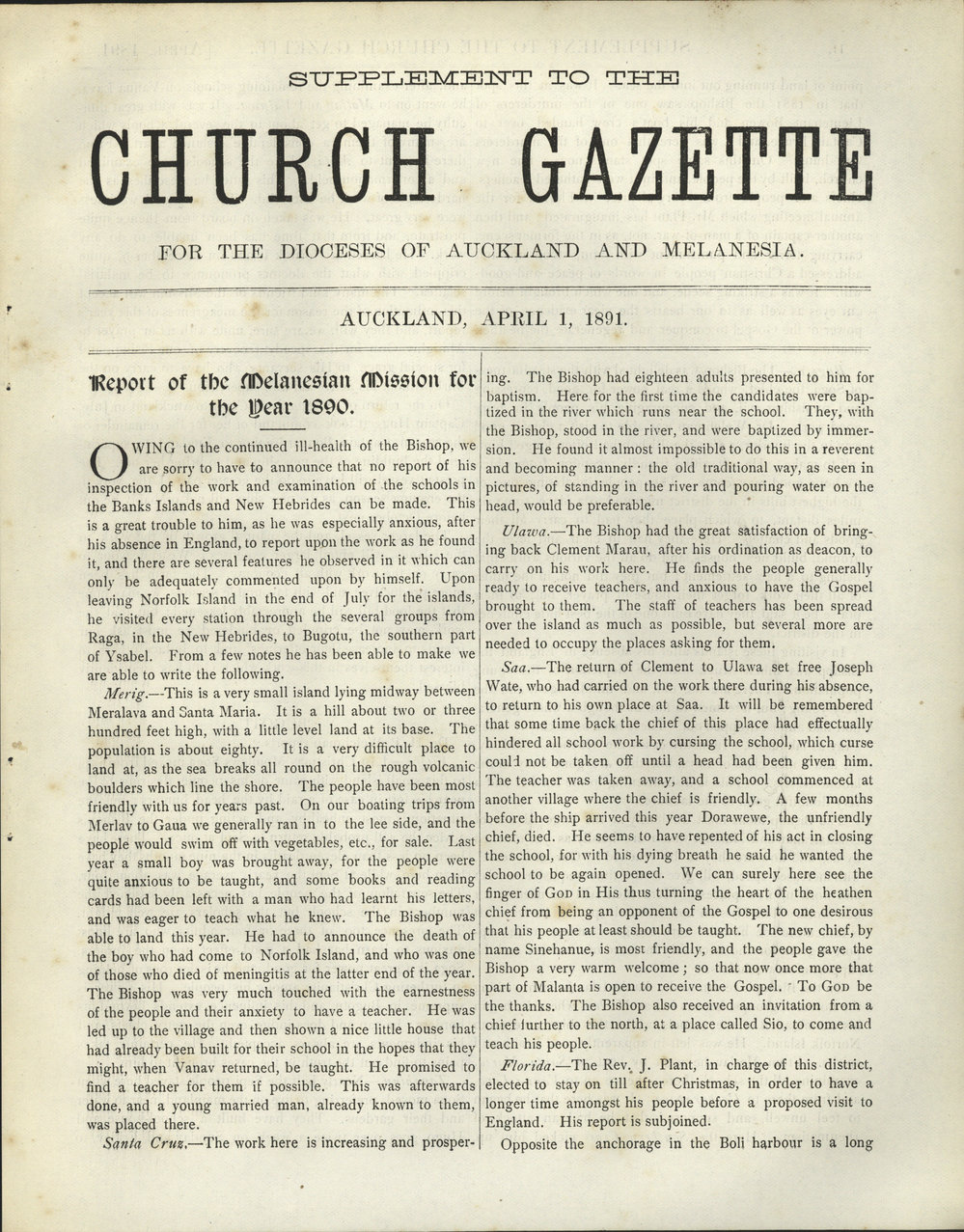 Church Gazette, Auckland: April 1891 Supplement