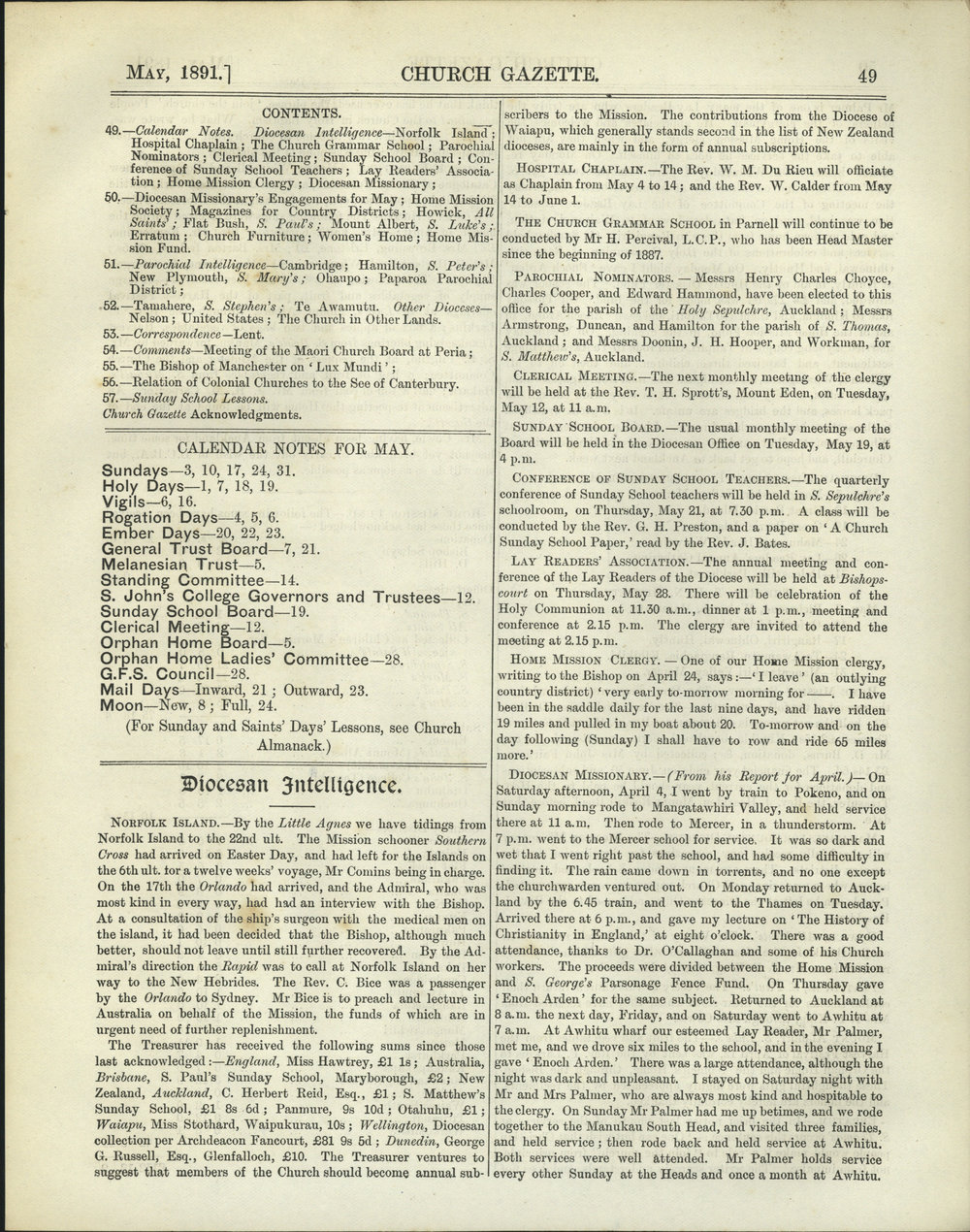 Church Gazette, Auckland: May 1891