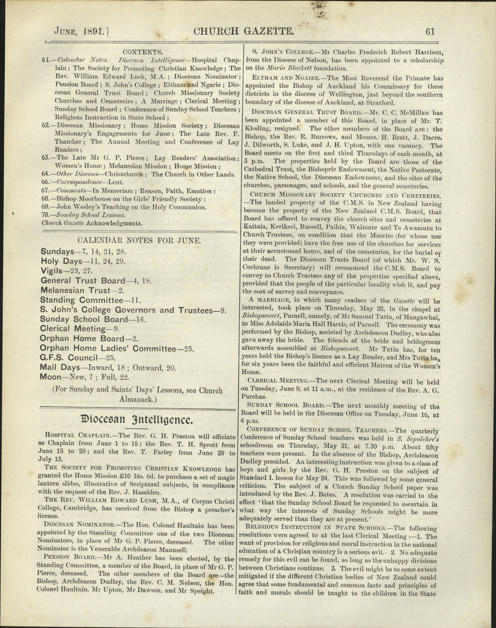 Church Gazette, Auckland: June 1891