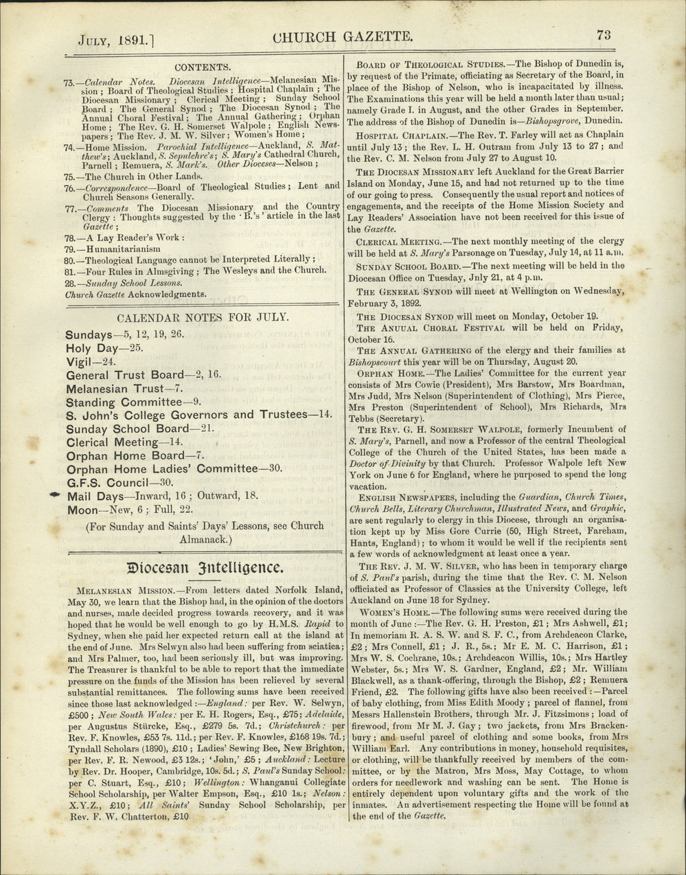 Church Gazette, Auckland: July 1891