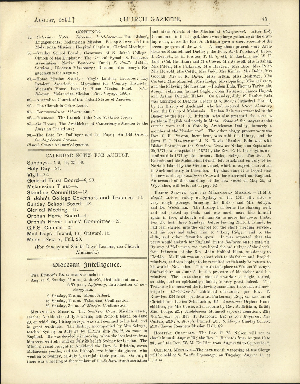 Church Gazette, Auckland: August 1891