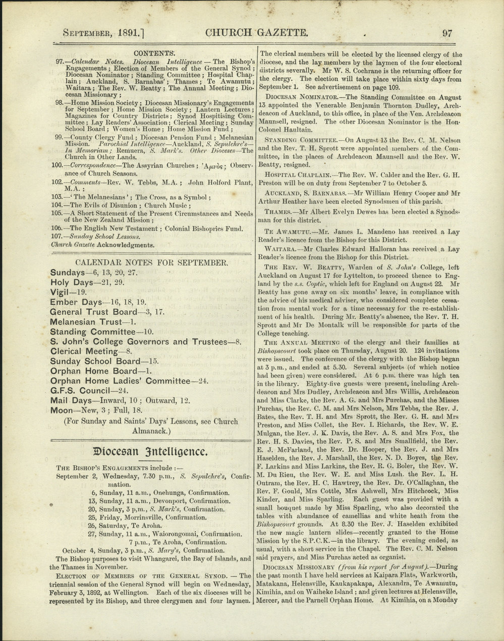 Church Gazette, Auckland: September 1891