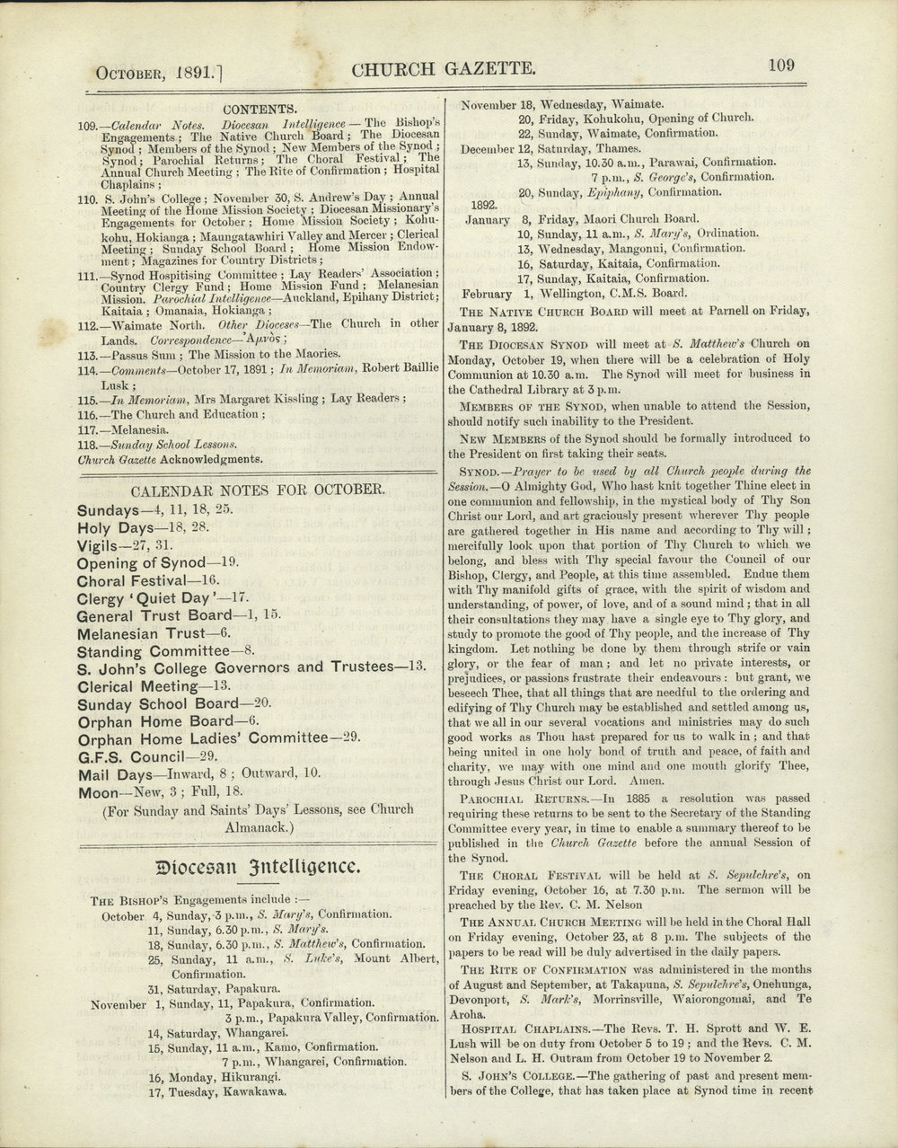 Church Gazette, Auckland: October 1891