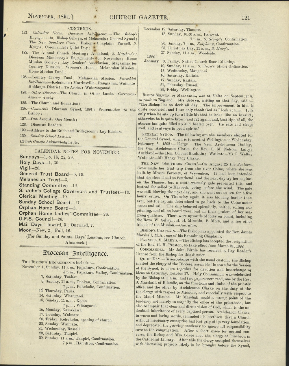 Church Gazette, Auckland: November 1891