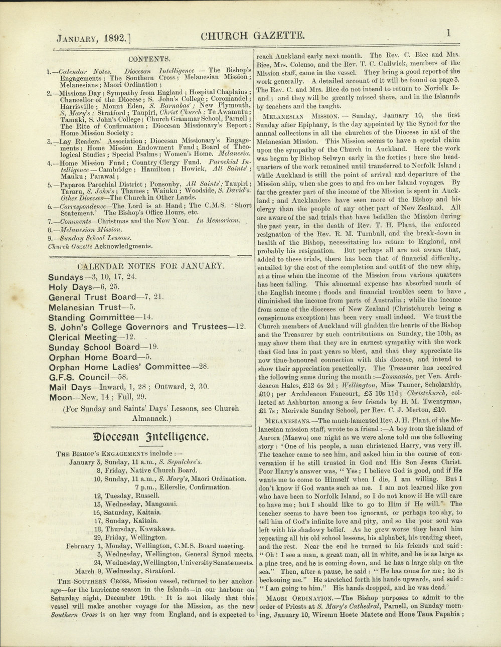 Church Gazette, Auckland: January 1892