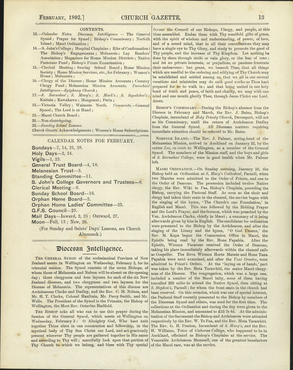 Church Gazette, Auckland: February 1892