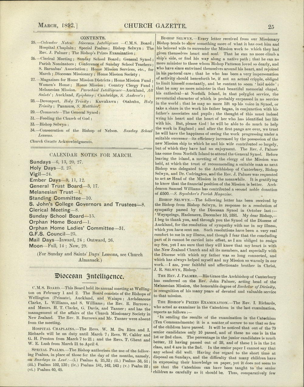 Church Gazette, Auckland: March 1892