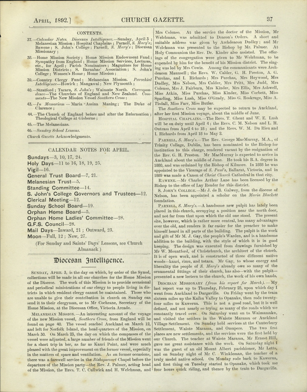 Church Gazette, Auckland: April 1892