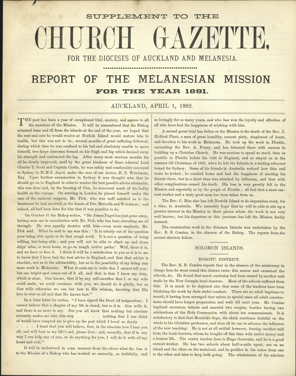Church Gazette, Auckland: April 1892 Supplement