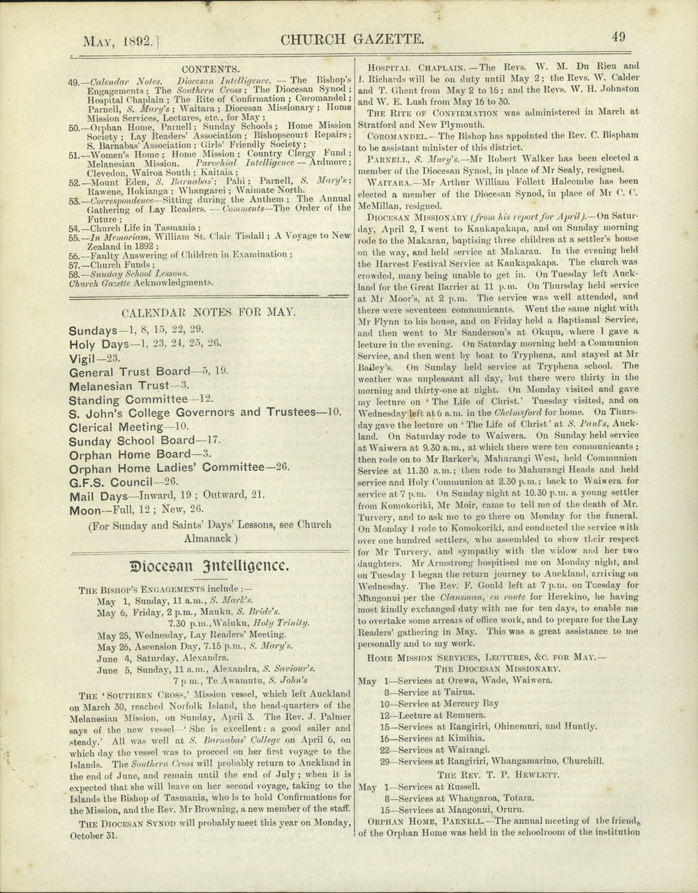 Church Gazette, Auckland: May 1892
