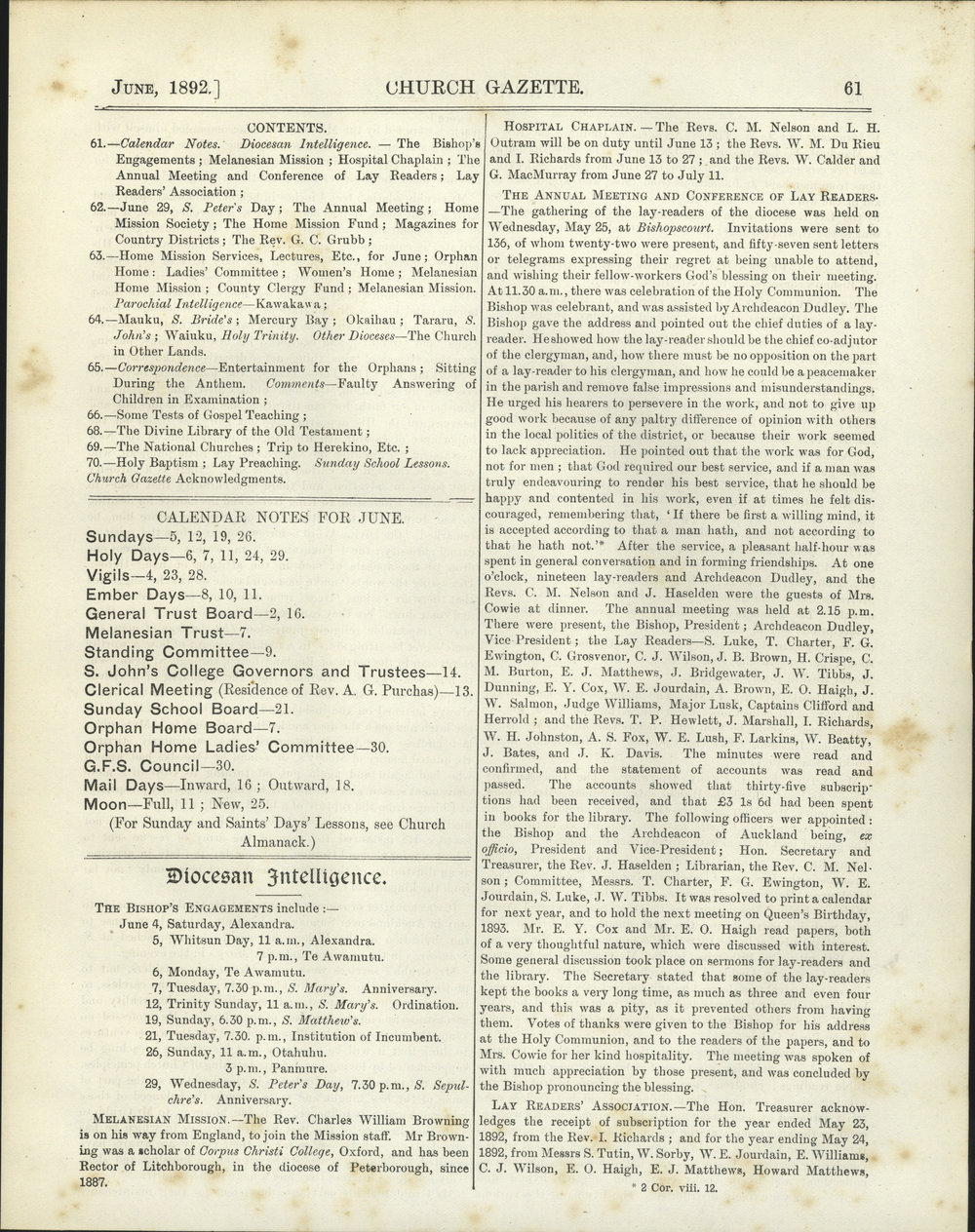 Church Gazette, Auckland: June 1892