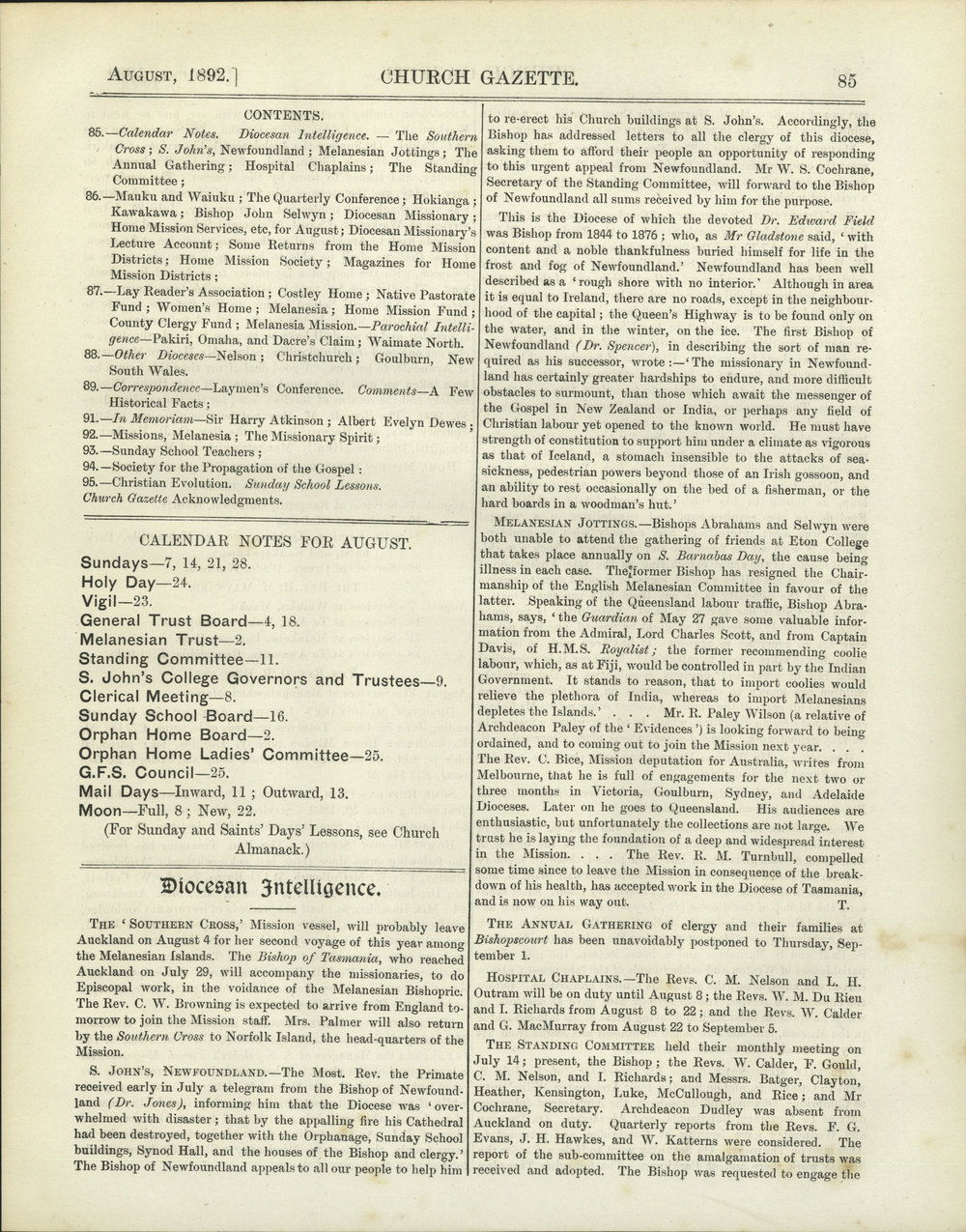 Church Gazette, Auckland: August 1892