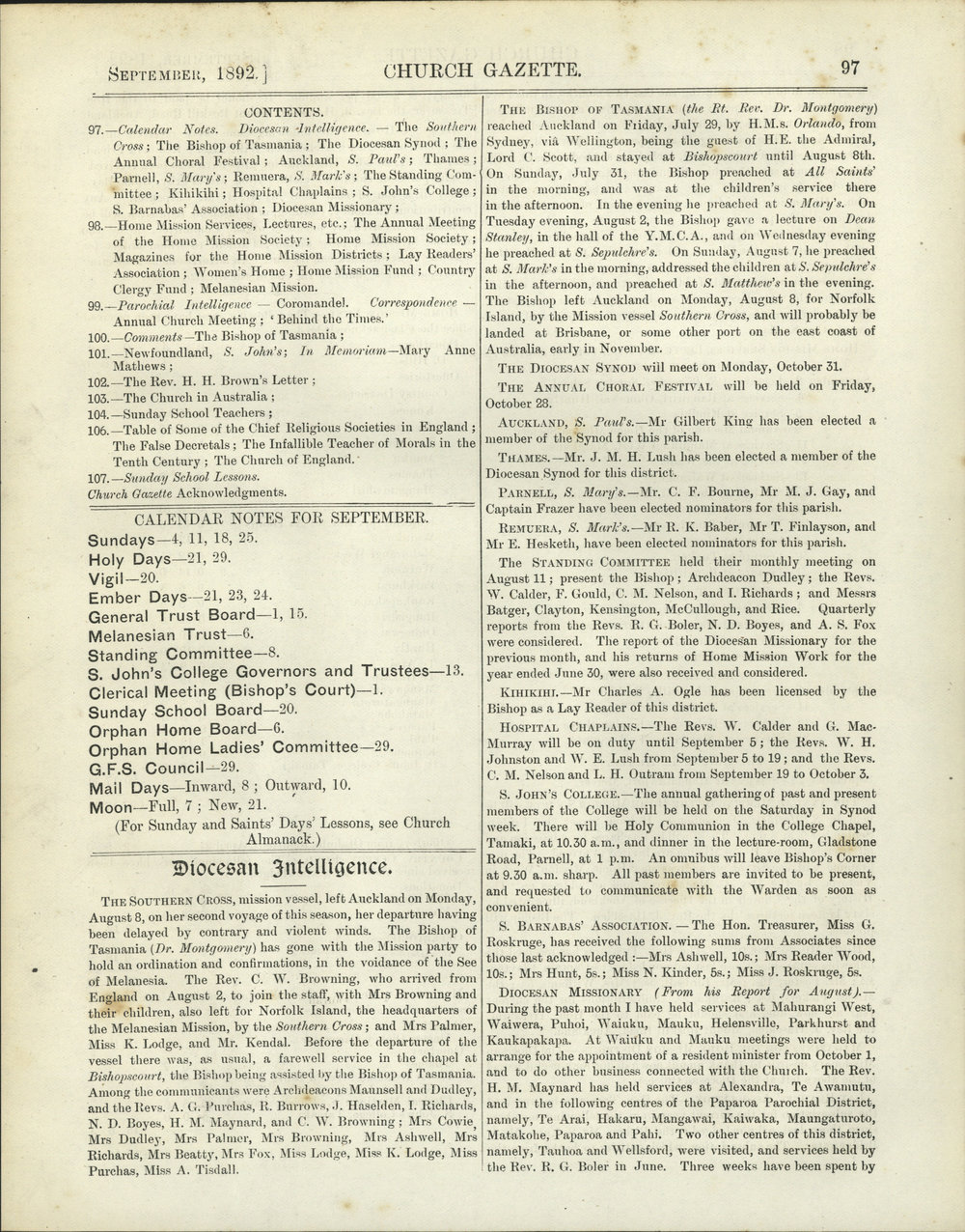 Church Gazette, Auckland: September 1892