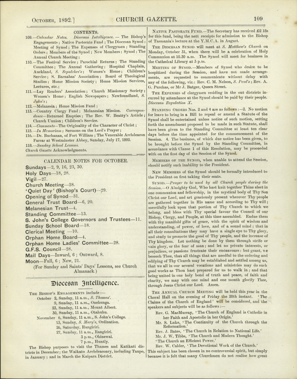 Church Gazette, Auckland: October 1892